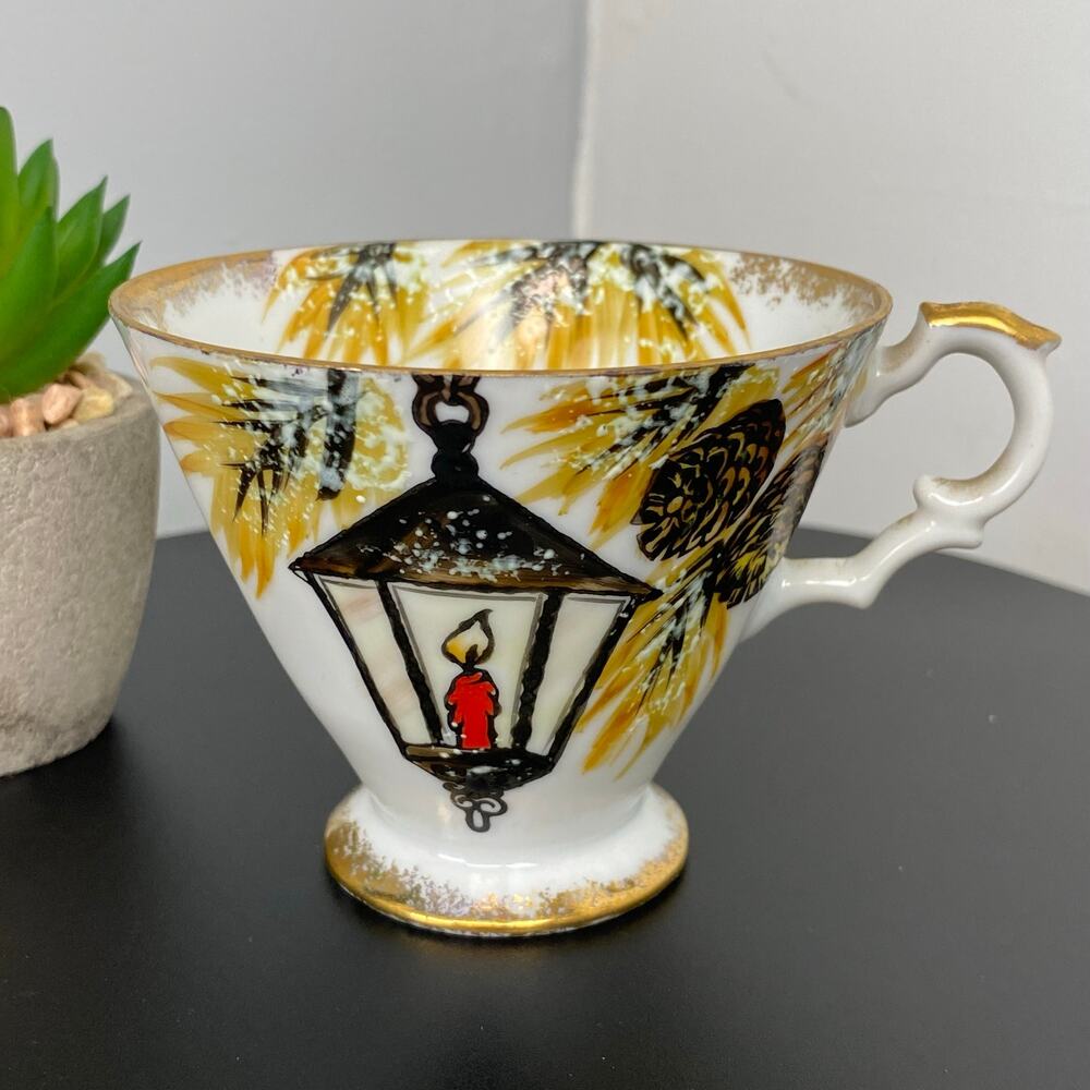 Vintage Japanese Porcelain Hand Painted Christmas Teacup Pinecone Lantern Gold